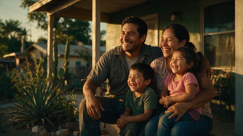 Familia mexicana sonriendo en el porche de su casa, tranquila y protegida