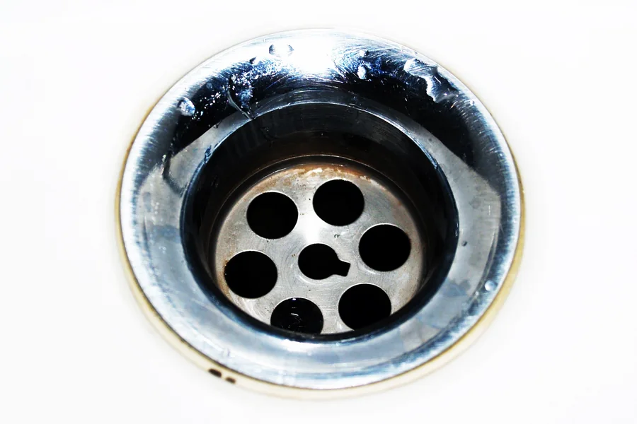 Detalle de un desagüe metálico de lavabo con gotas de agua.