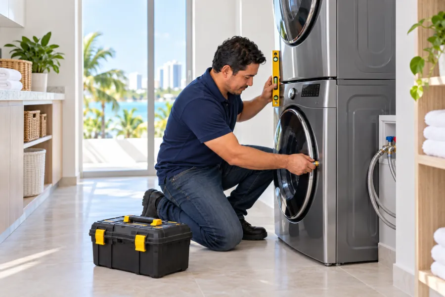 Técnico nivelando un centro de lavado recién instalado