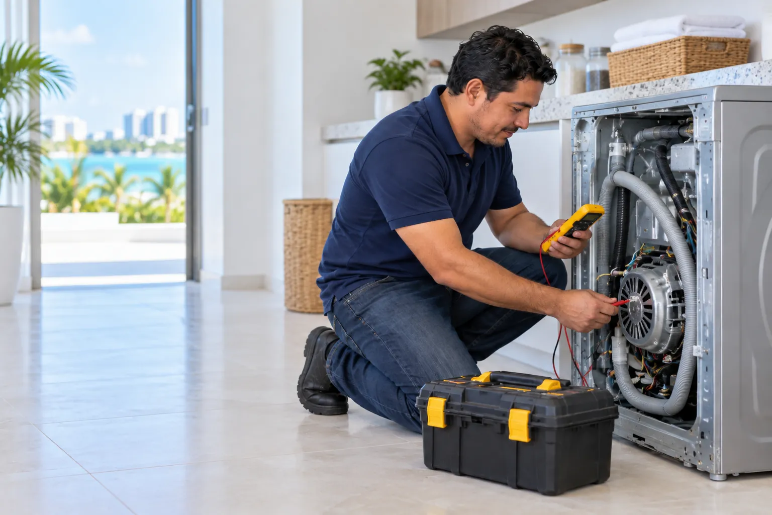 Técnico de Servicom midiendo el motor de una lavadora