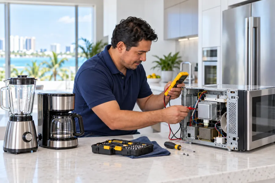 Técnico reparando un horno de microondas en una mesa de trabajo