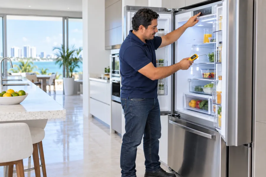 Técnico midiendo la temperatura interior de un refrigerador de dos puertas