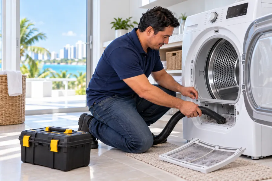 Técnico limpiando el ducto de pelusa de una secadora